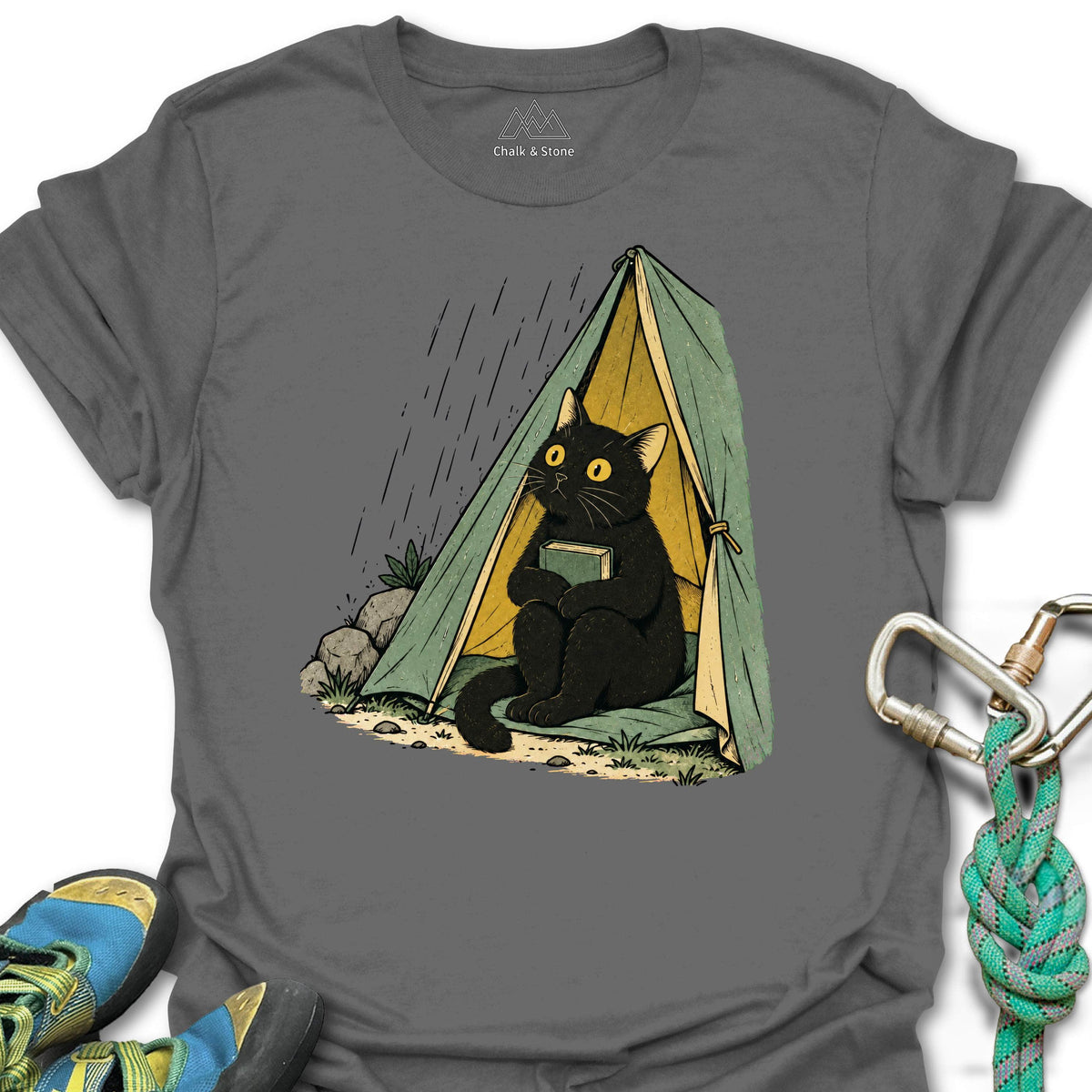 Rain Day Tent Cat Tee in Charcoal — flat lay mockup