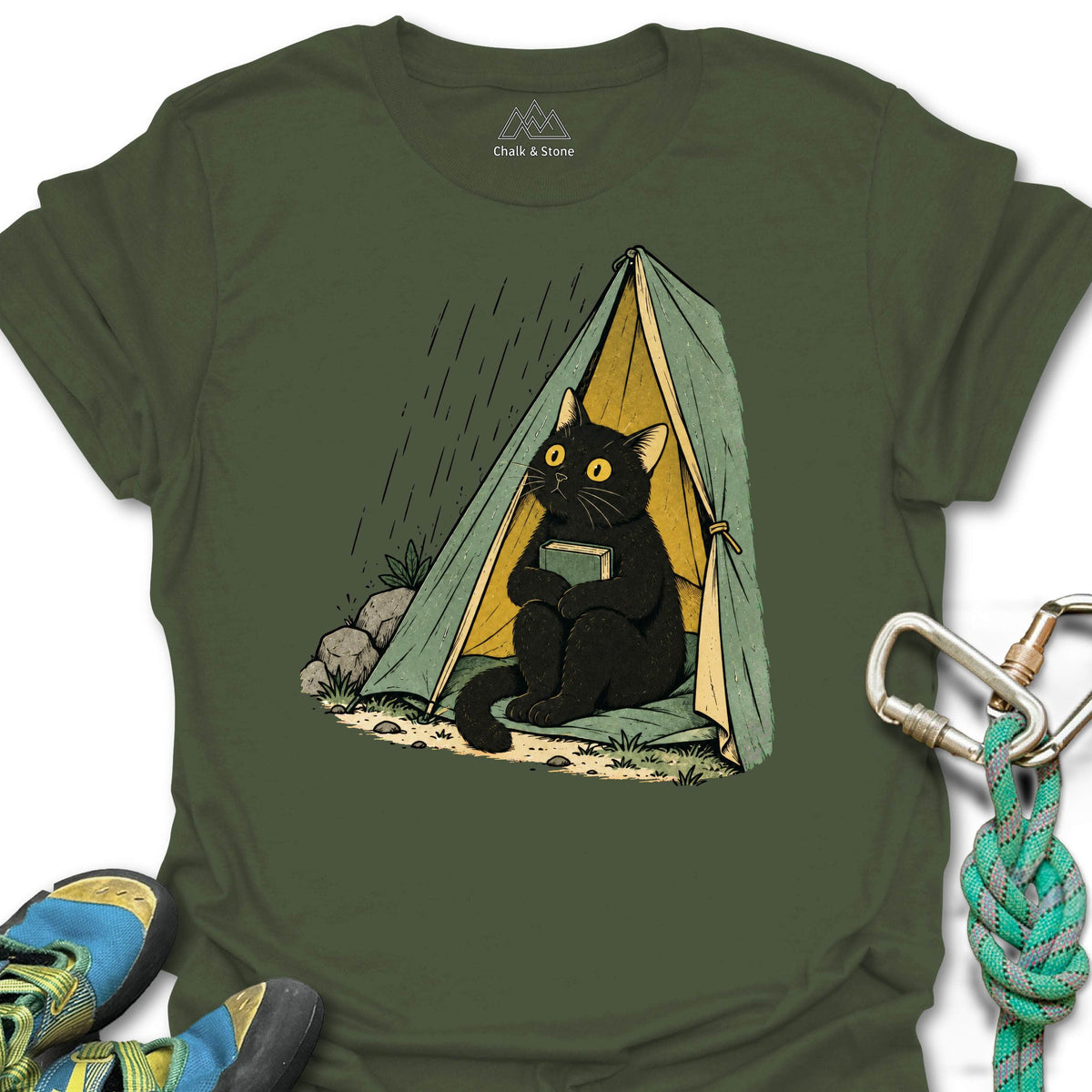 Rain Day Tent Cat Tee in Military Green — flat lay mockup