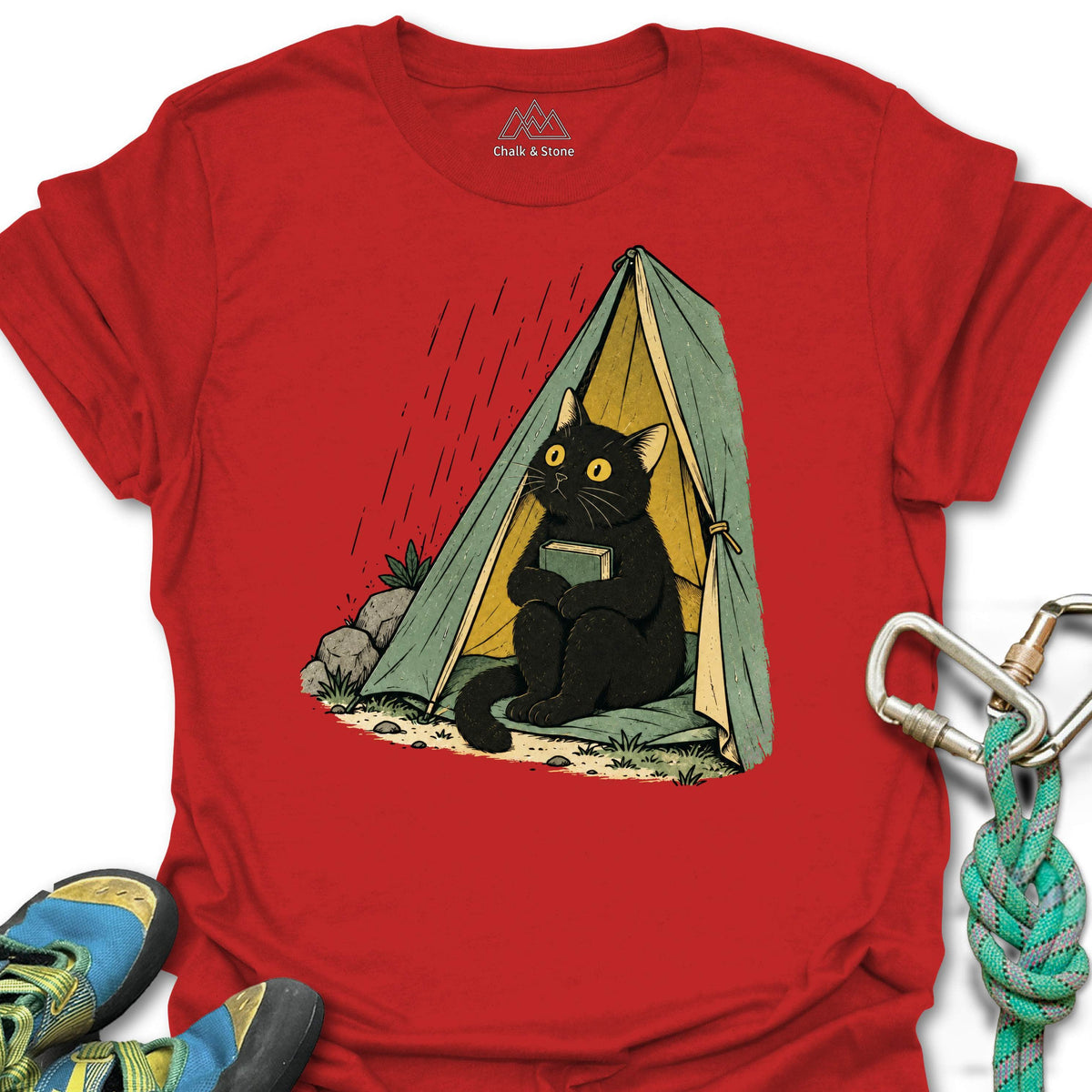 Rain Day Tent Cat Tee in Red — flat lay mockup