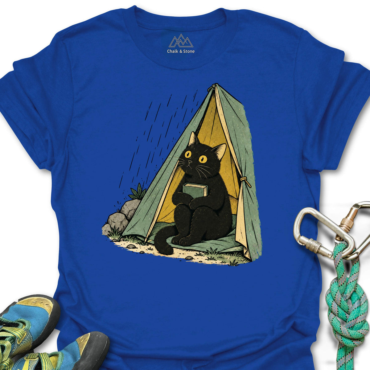 Rain Day Tent Cat Tee in Royal — flat lay mockup