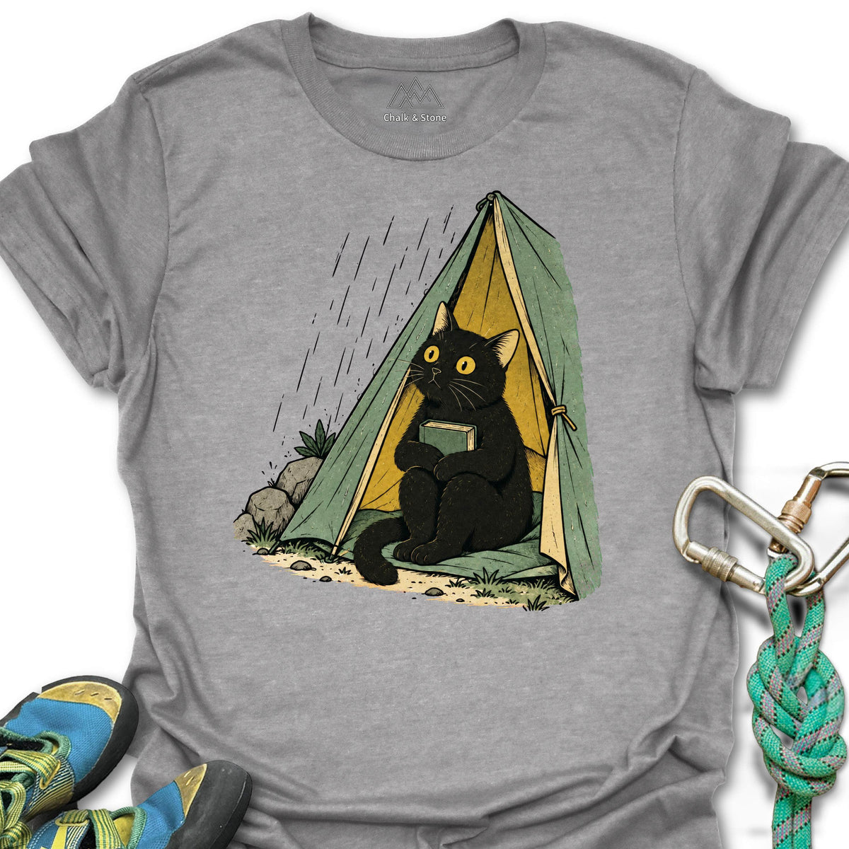 Rain Day Tent Cat Tee in Sport Grey — flat lay mockup