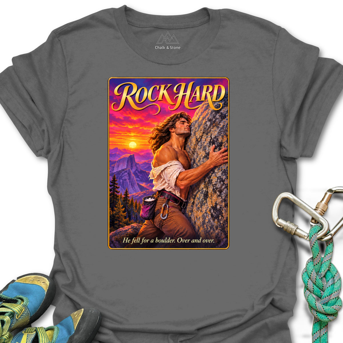 Rock Hard Romance Cover Tee in Charcoal — flat lay mockup