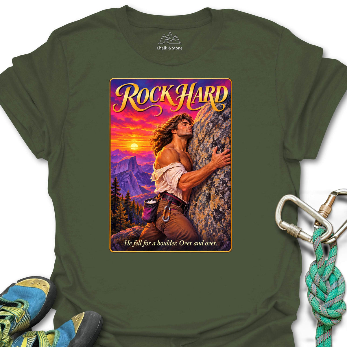 Rock Hard Romance Cover Tee in Military Green — flat lay mockup