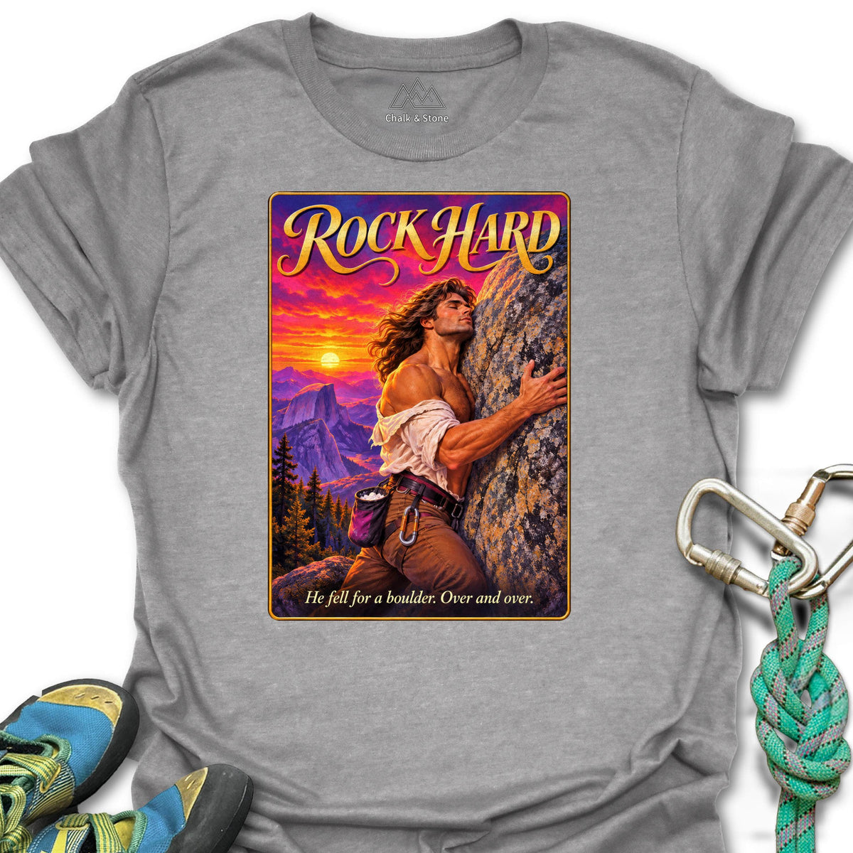 Rock Hard Romance Cover Tee in Sport Grey — flat lay mockup