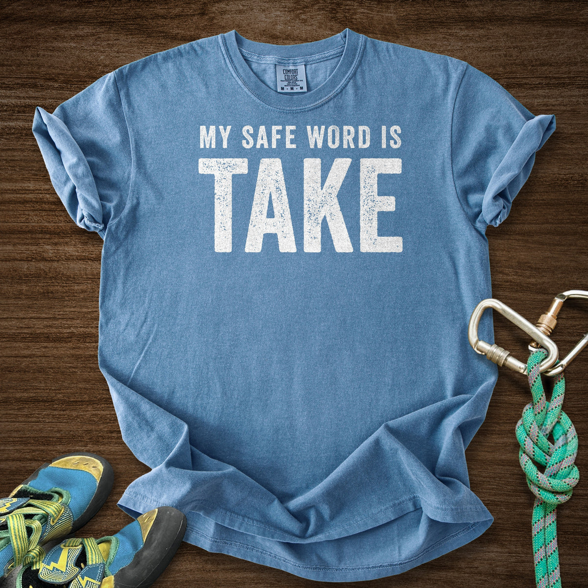 Safe Word Premium in Blue Jean — flat lay mockup