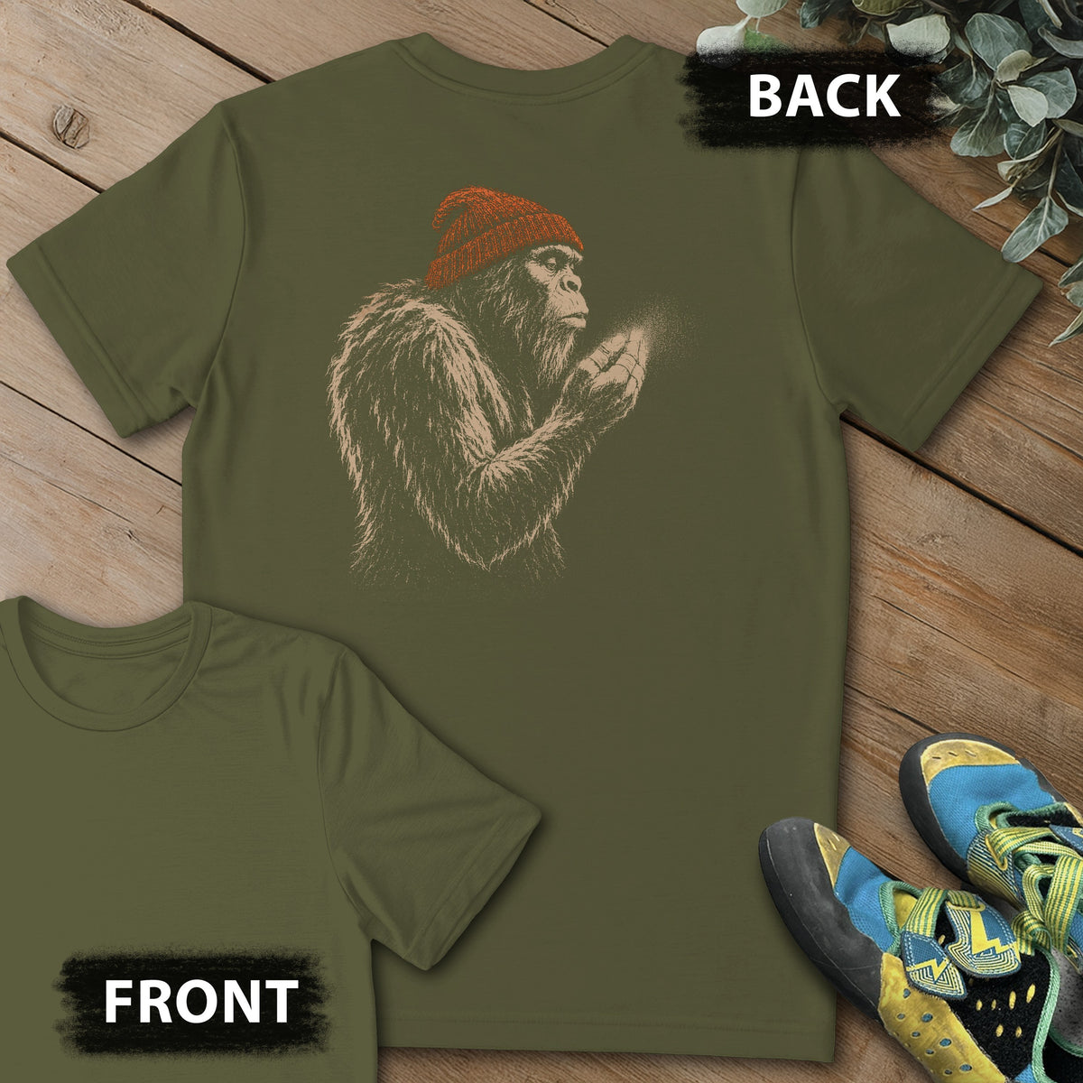 Sasquatch Blowing Chalk Beanie Backprint Tee in Military Green — flat lay mockup