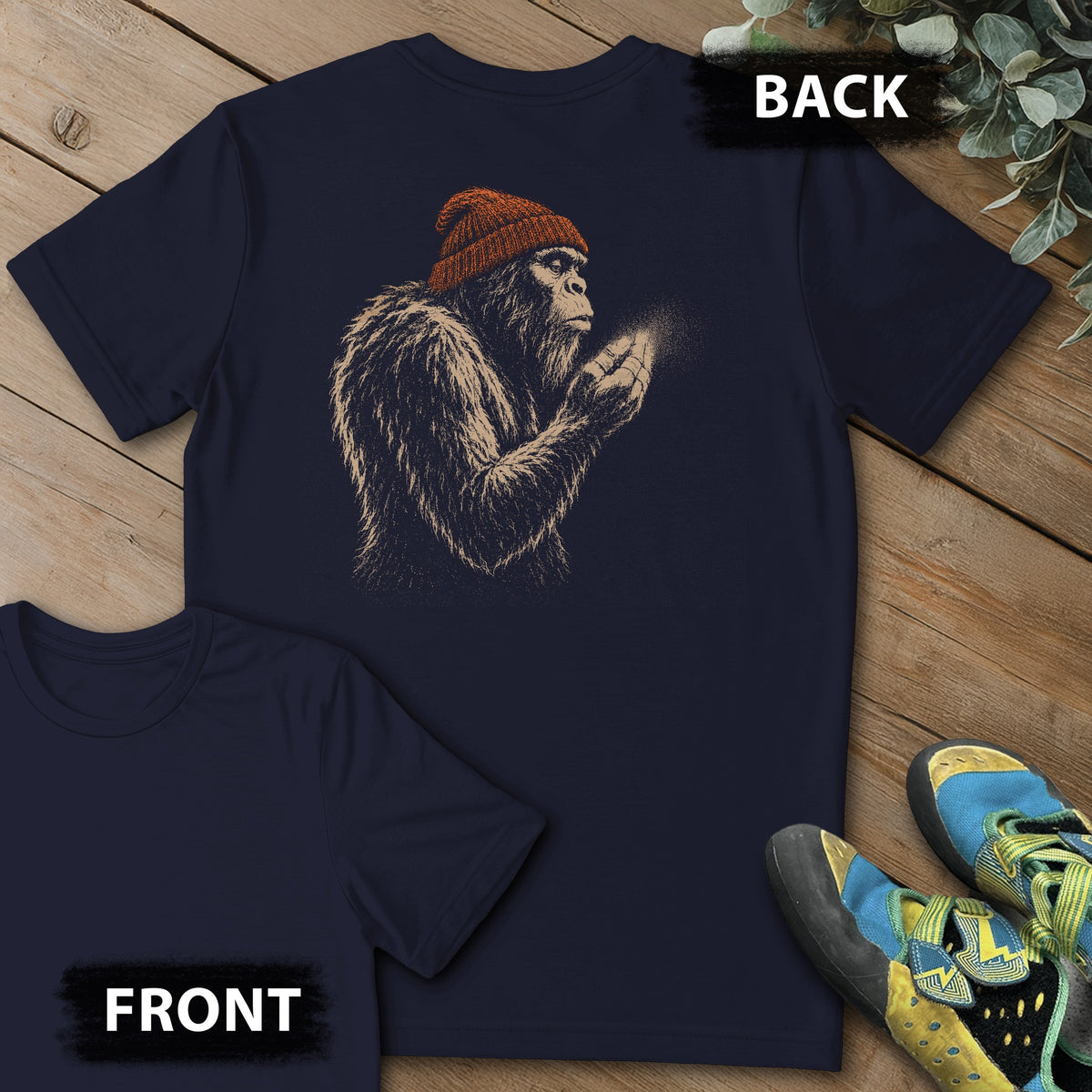 Sasquatch Blowing Chalk Beanie Backprint Tee in Navy — flat lay mockup