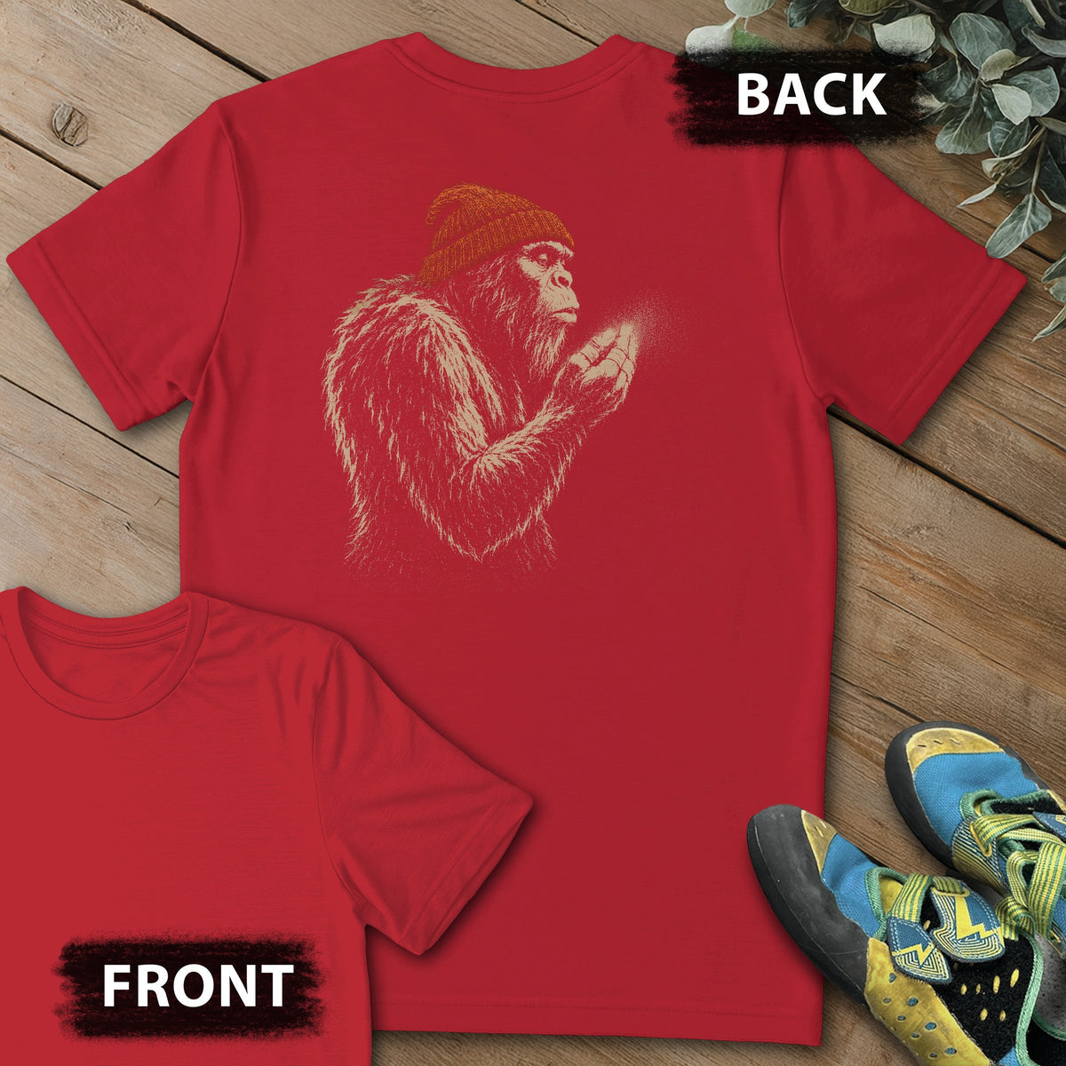 Sasquatch Blowing Chalk Beanie Backprint Tee in Red — flat lay mockup