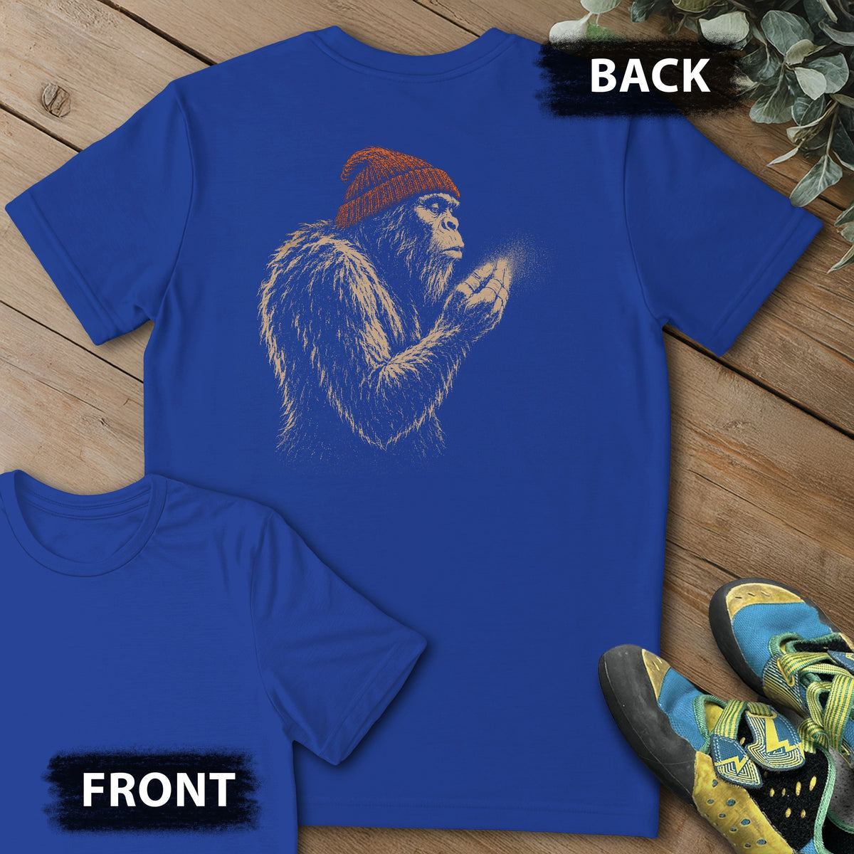 Sasquatch Blowing Chalk Beanie Backprint Tee in Royal — flat lay mockup