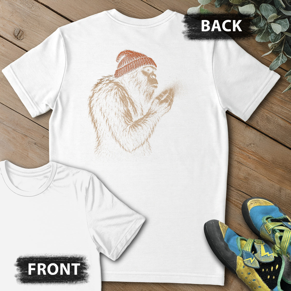 Sasquatch Blowing Chalk Beanie Backprint Tee in White — flat lay mockup