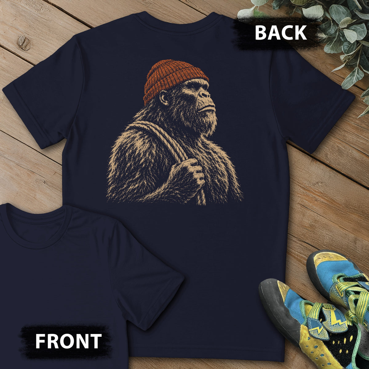 Sasquatch Reading Beta Beanie Backprint Tee in Navy — flat lay mockup