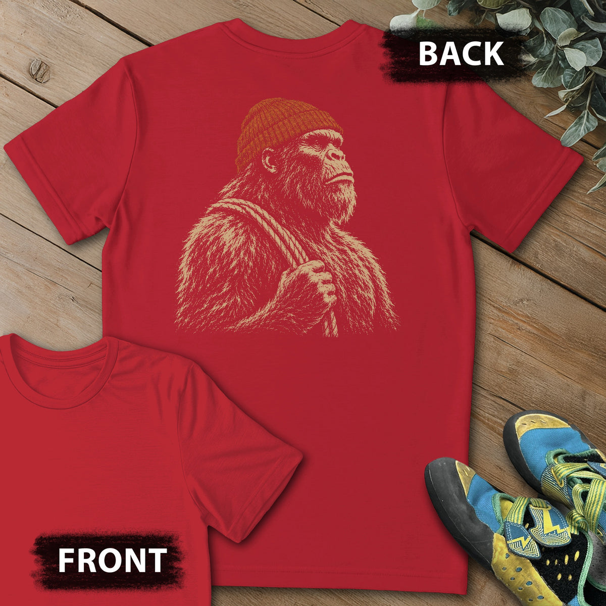 Sasquatch Reading Beta Beanie Backprint Tee in Red — flat lay mockup