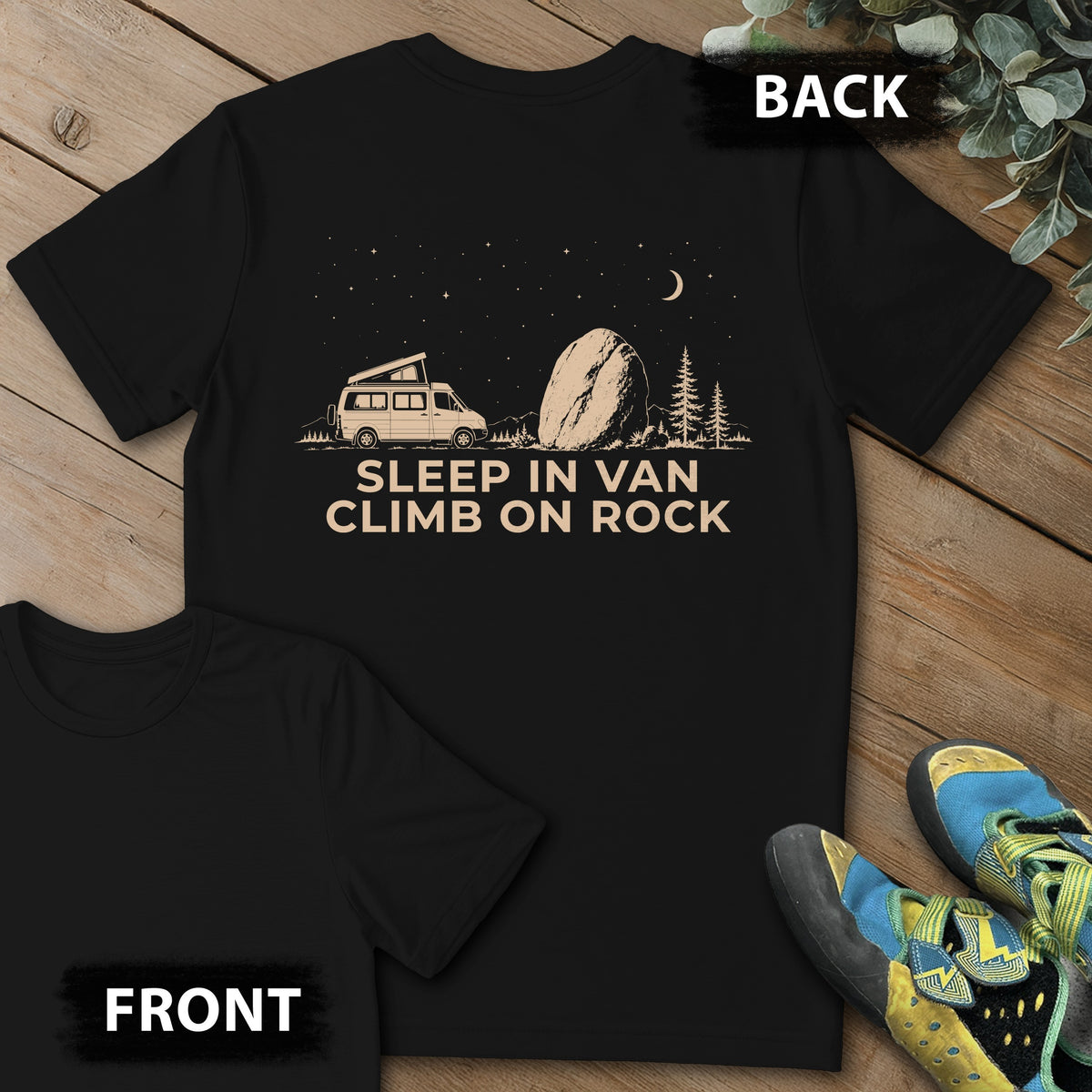 Sleep And Climb On Rock Backprint Tee in Black — flat lay mockup