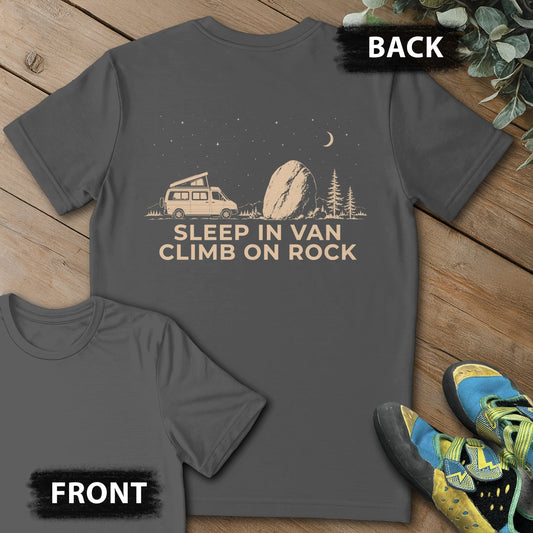 Sleep And Climb On Rock Backprint Tee in Charcoal — flat lay mockup