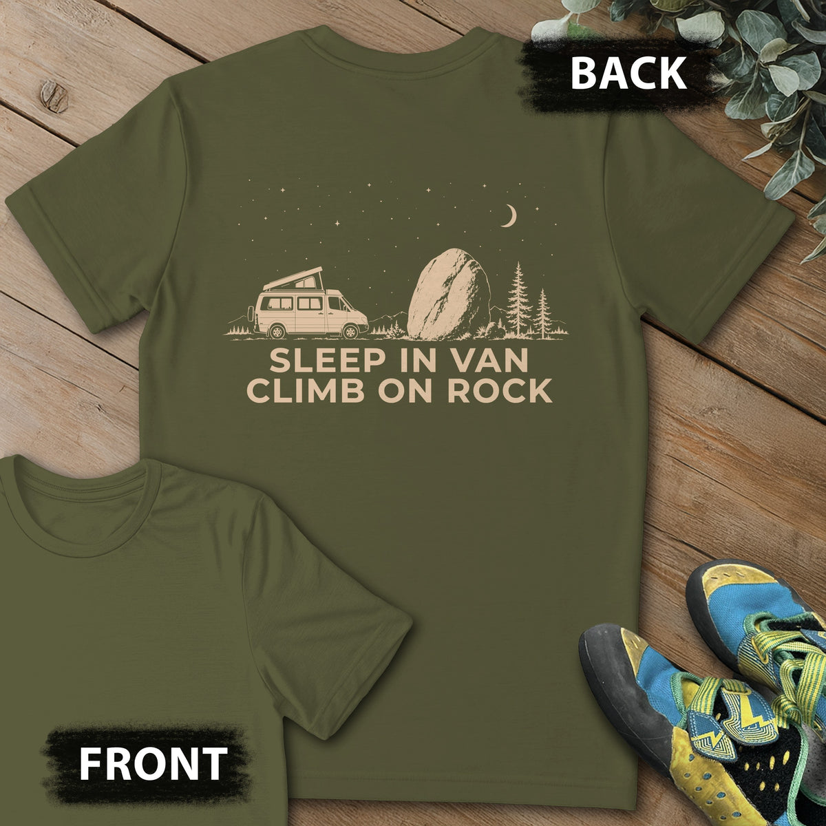 Sleep And Climb On Rock Backprint Tee in Military Green — flat lay mockup