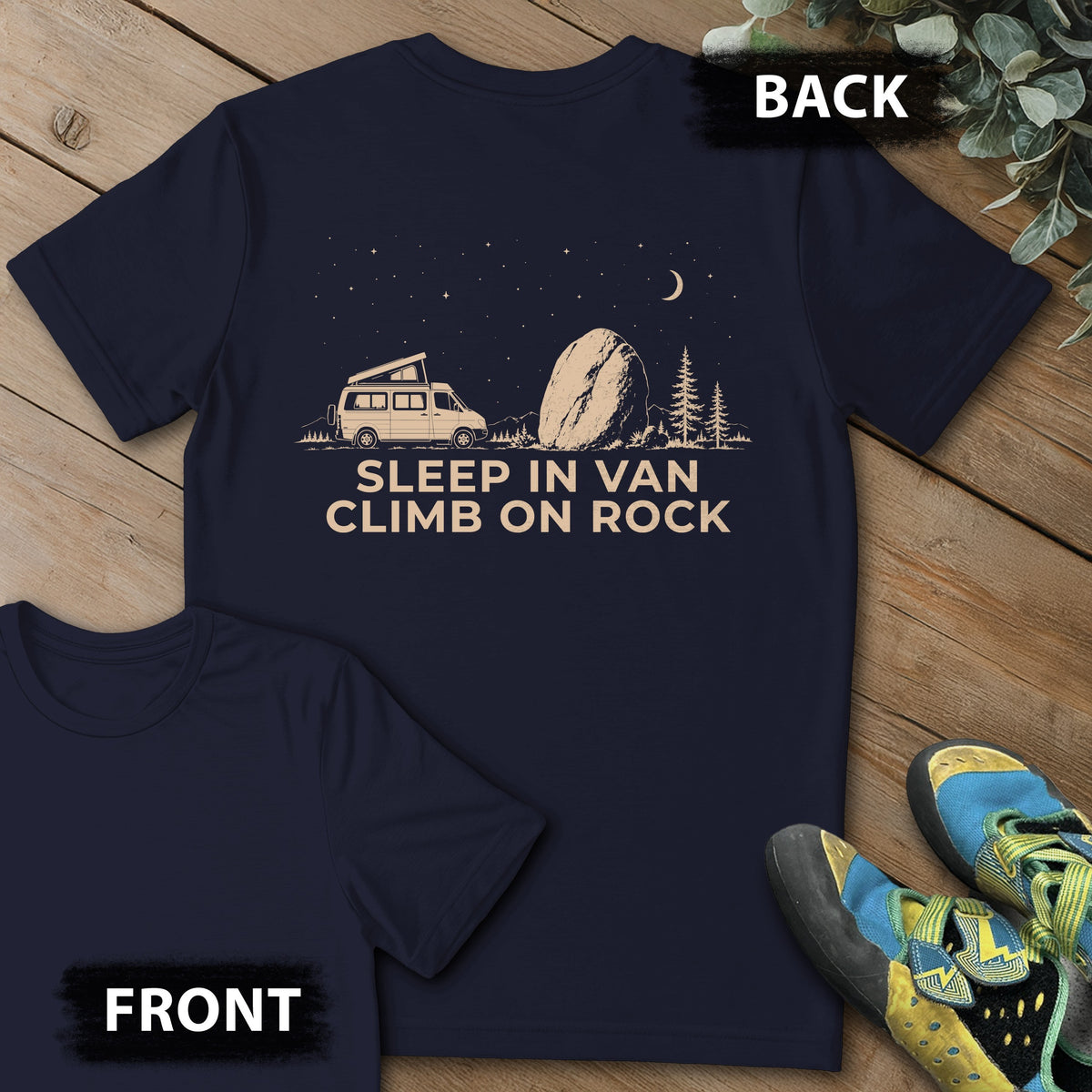Sleep And Climb On Rock Backprint Tee in Navy — flat lay mockup