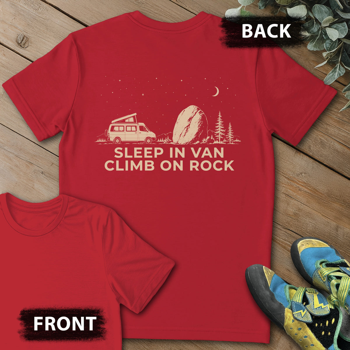 Sleep And Climb On Rock Backprint Tee in Red — flat lay mockup