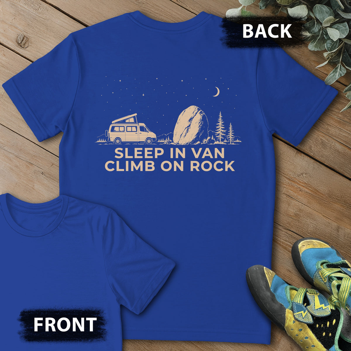 Sleep And Climb On Rock Backprint Tee in Royal — flat lay mockup