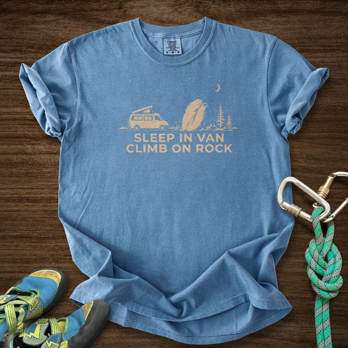 Sleep And Climb On Rock Premium in Blue Jean — flat lay mockup