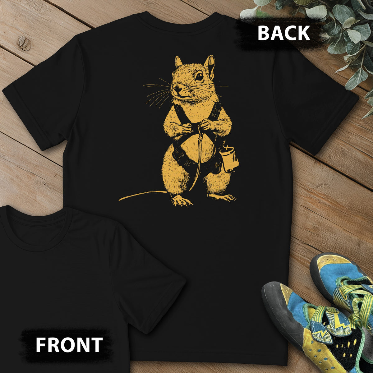 Squirrel Climb Backprint Tee in Black — flat lay mockup
