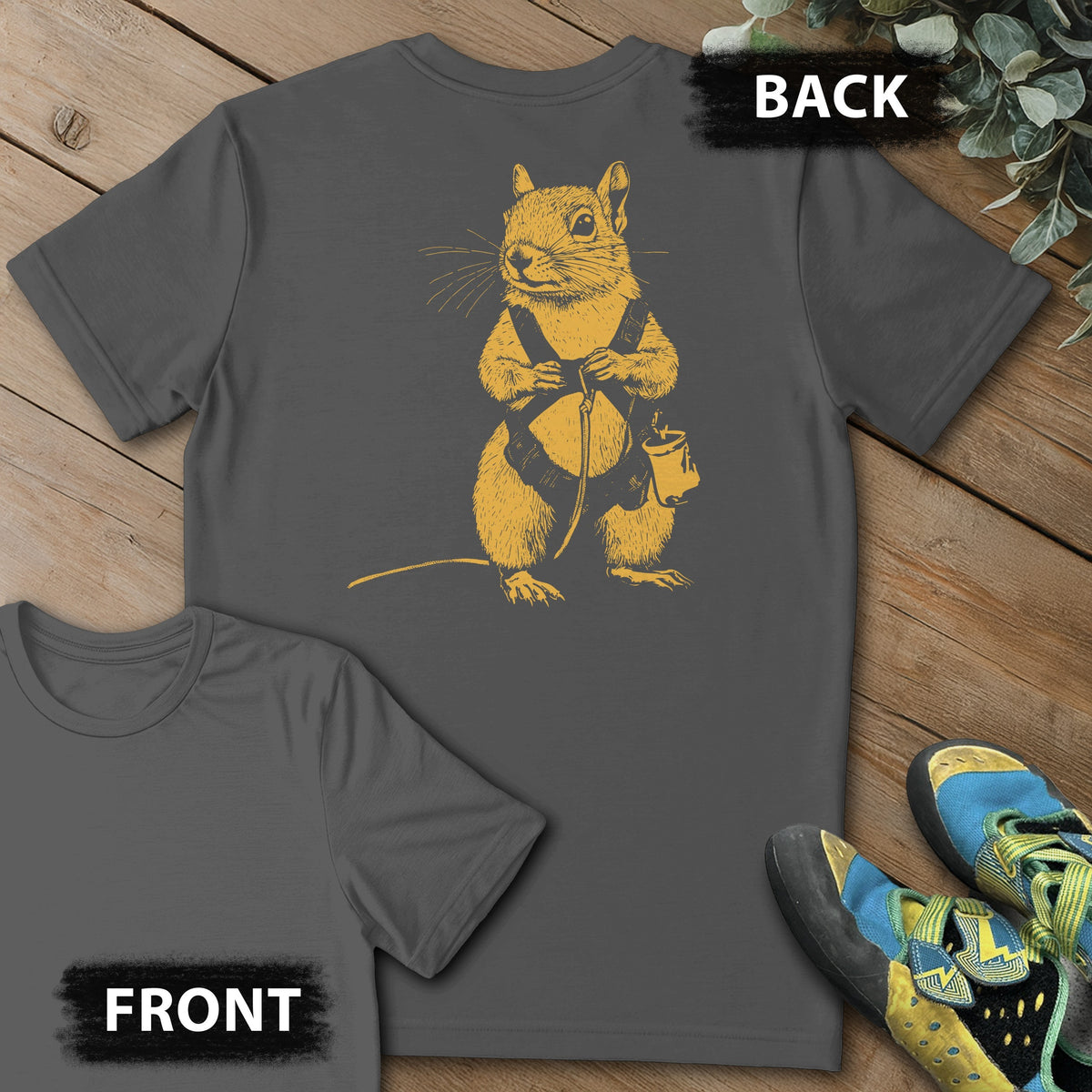 Squirrel Climb Backprint Tee in Charcoal — flat lay mockup