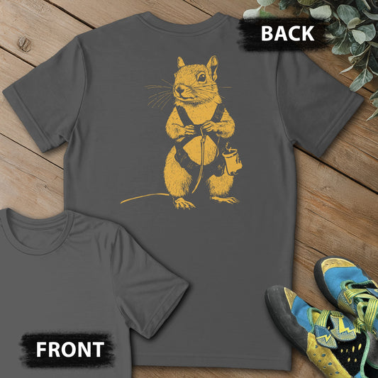 Squirrel Climb Backprint Tee in Charcoal — flat lay mockup