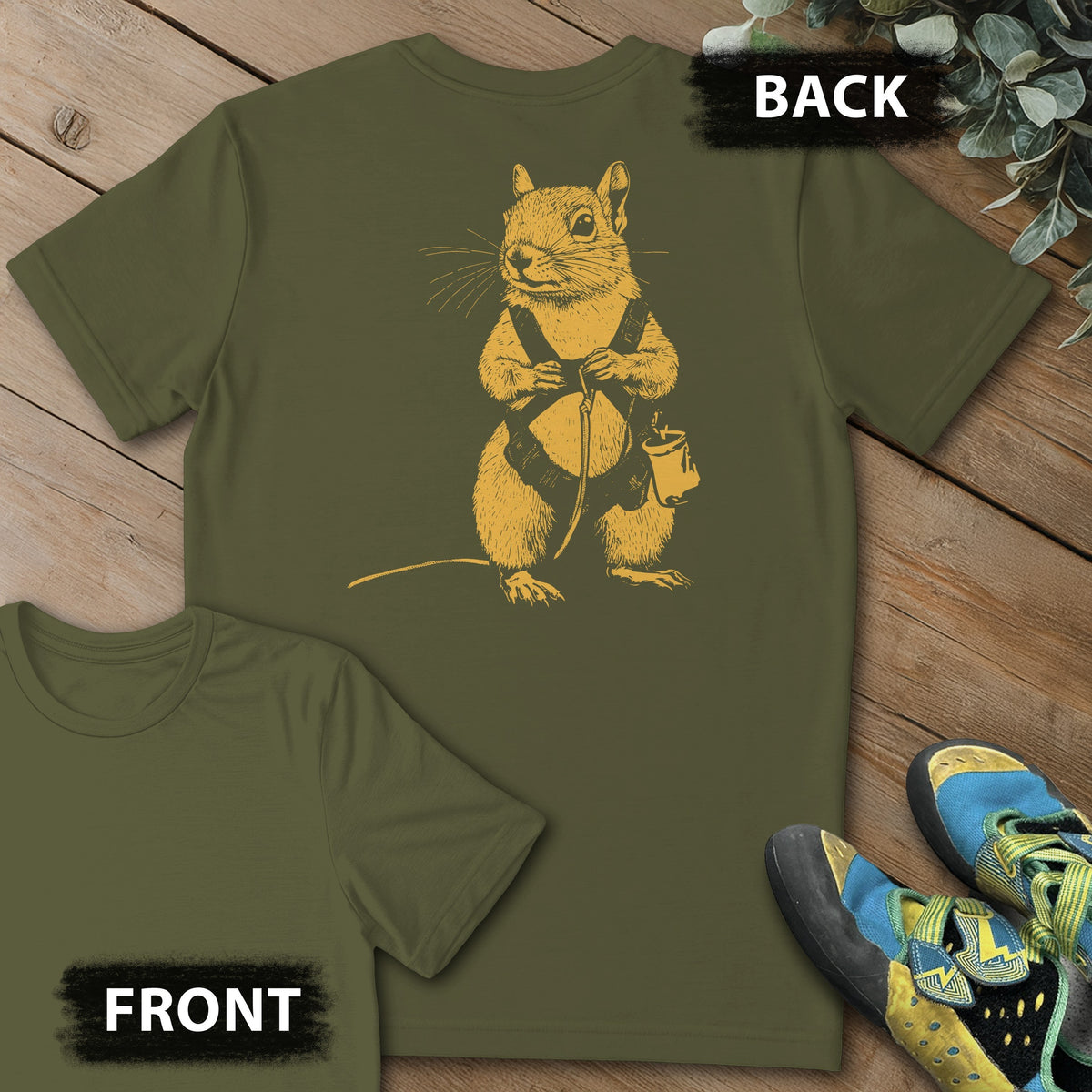 Squirrel Climb Backprint Tee in Military Green — flat lay mockup