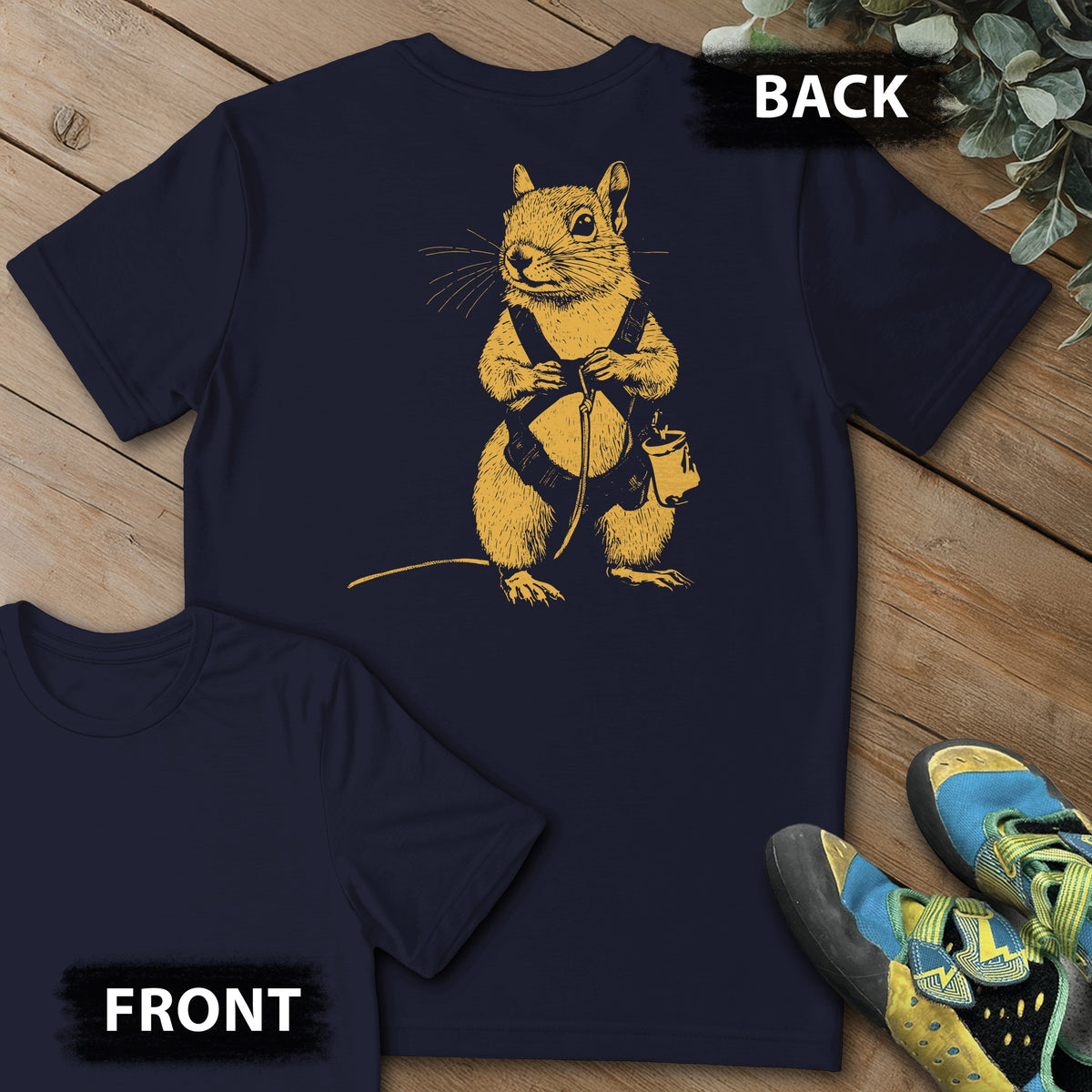 Squirrel Climb Backprint Tee in Navy — flat lay mockup