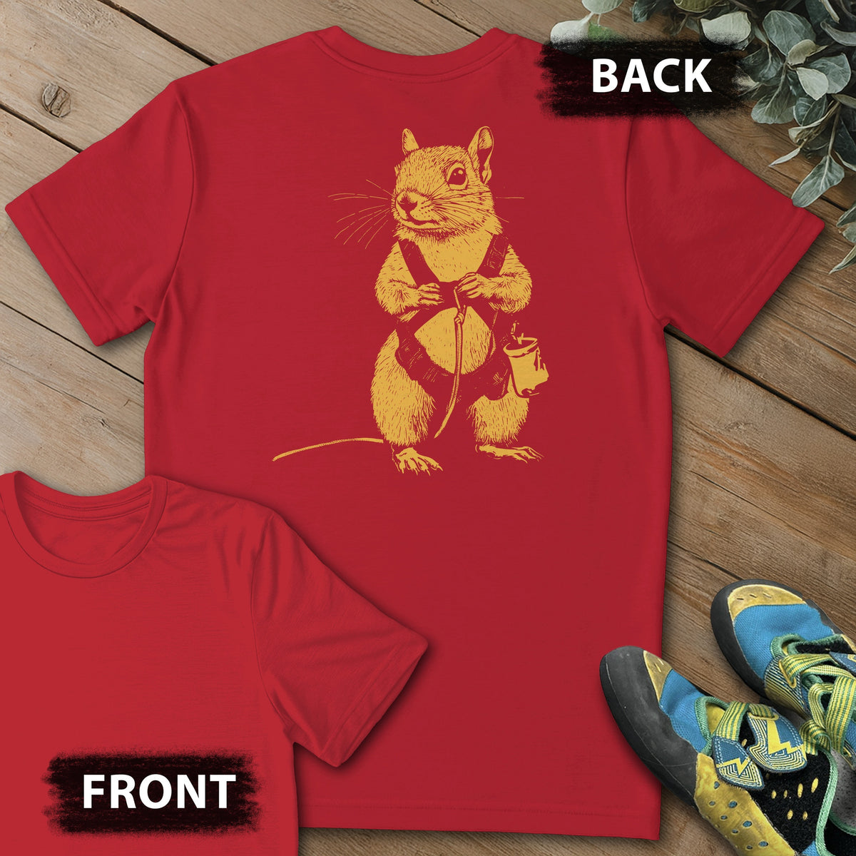 Squirrel Climb Backprint Tee in Red — flat lay mockup