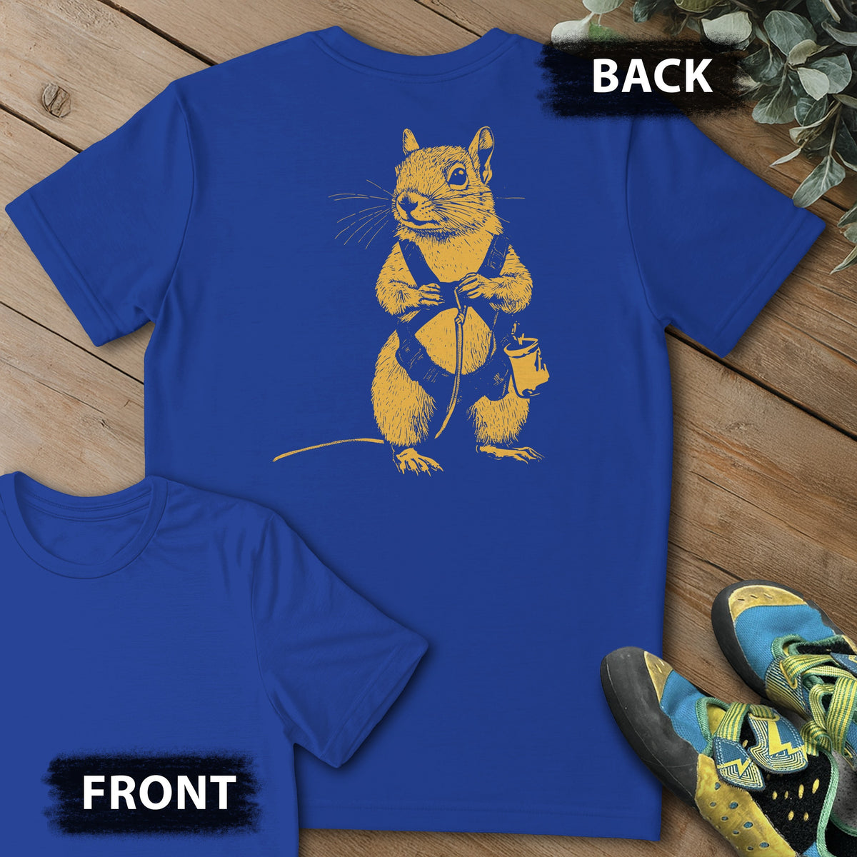 Squirrel Climb Backprint Tee in Royal — flat lay mockup