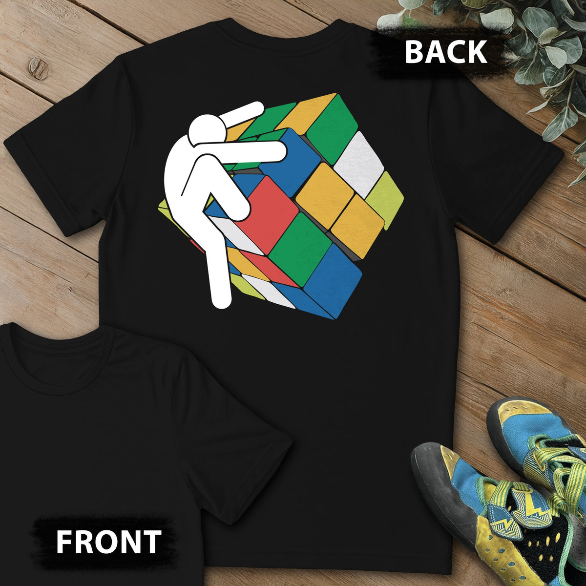 Stick Figure Rubix Climb Backprint Tee in Black — flat lay mockup