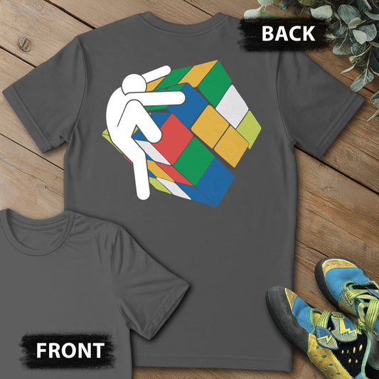 Stick Figure Rubix Climb Backprint Tee in Charcoal — flat lay mockup