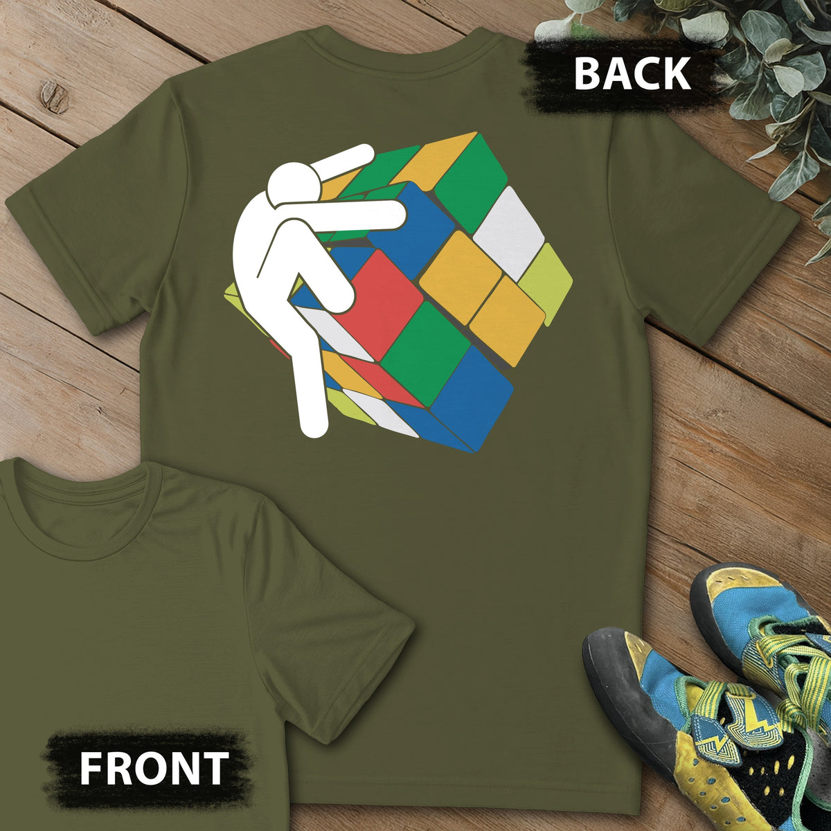 Stick Figure Rubix Climb Backprint Tee in Military Green — flat lay mockup