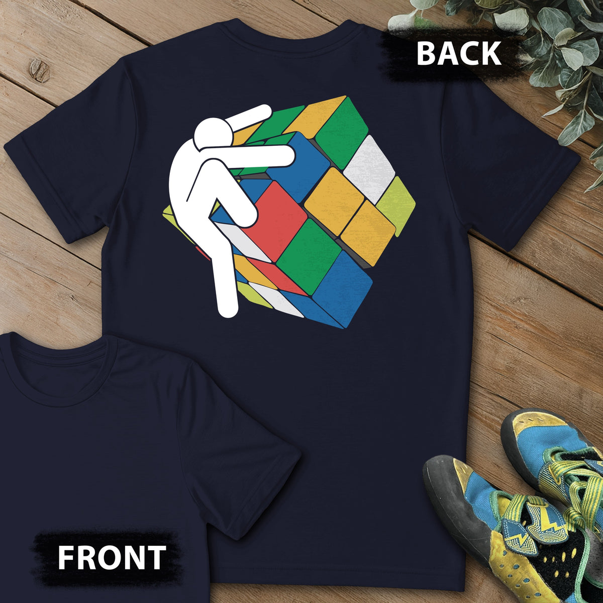 Stick Figure Rubix Climb Backprint Tee in Navy — flat lay mockup