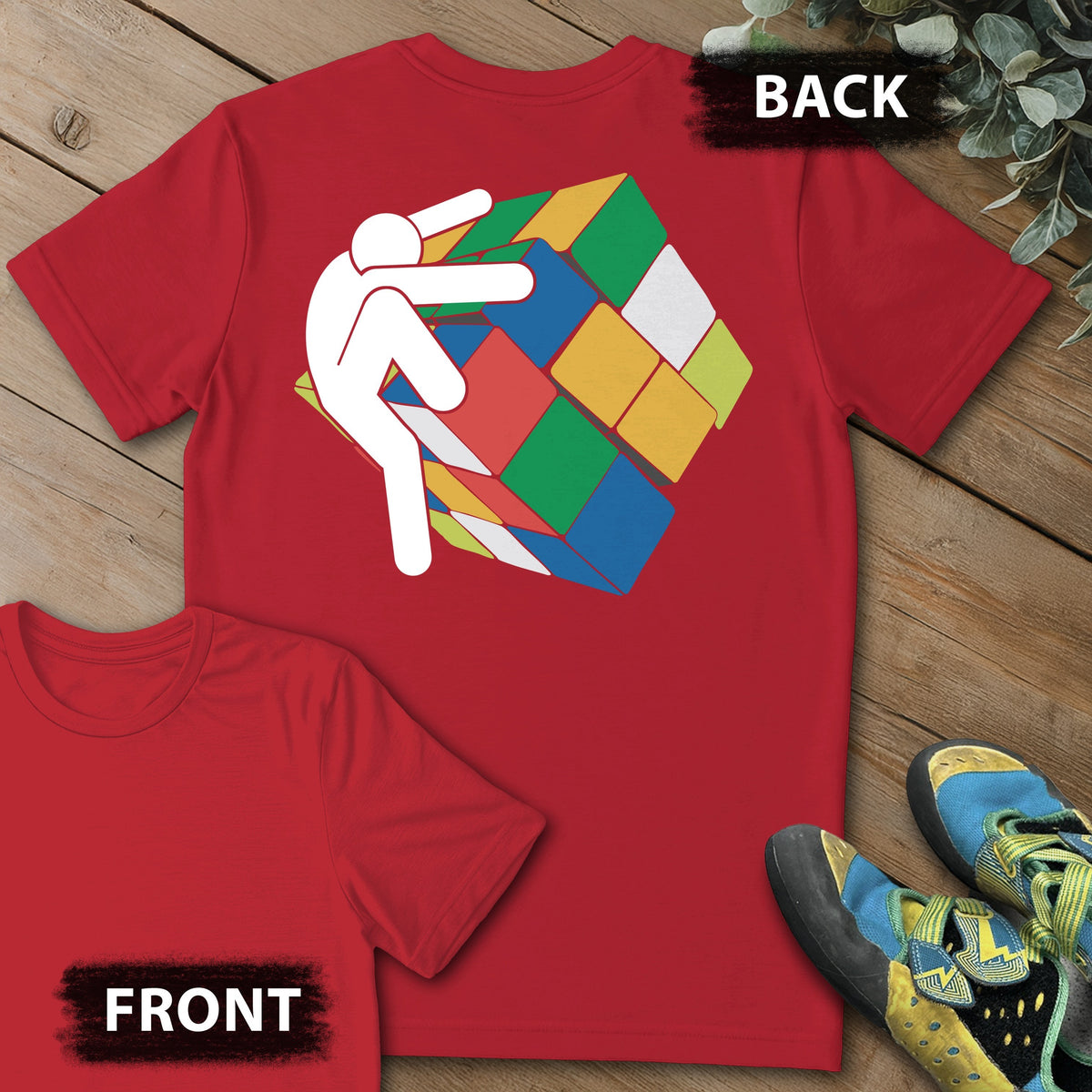 Stick Figure Rubix Climb Backprint Tee in Red — flat lay mockup