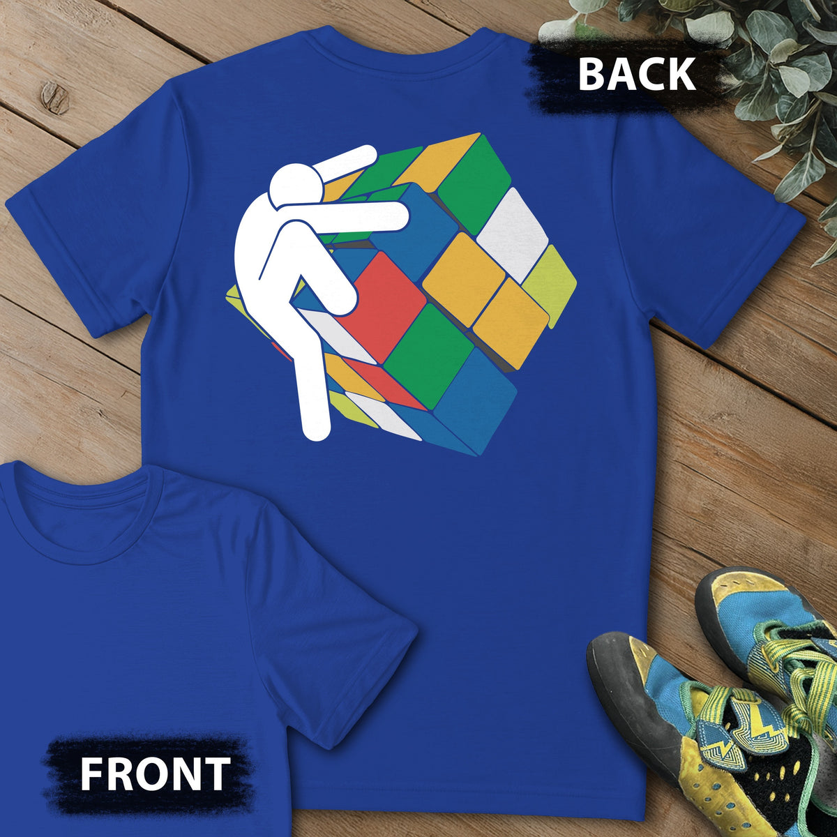 Stick Figure Rubix Climb Backprint Tee in Royal — flat lay mockup