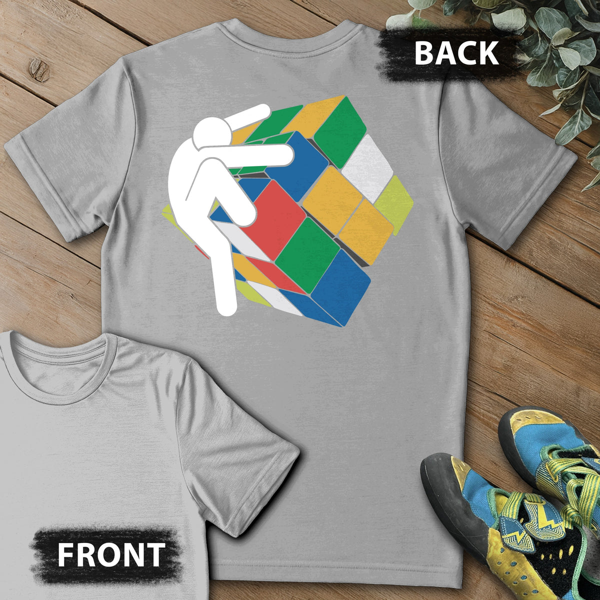 Stick Figure Rubix Climb Backprint Tee in Sport Grey — flat lay mockup