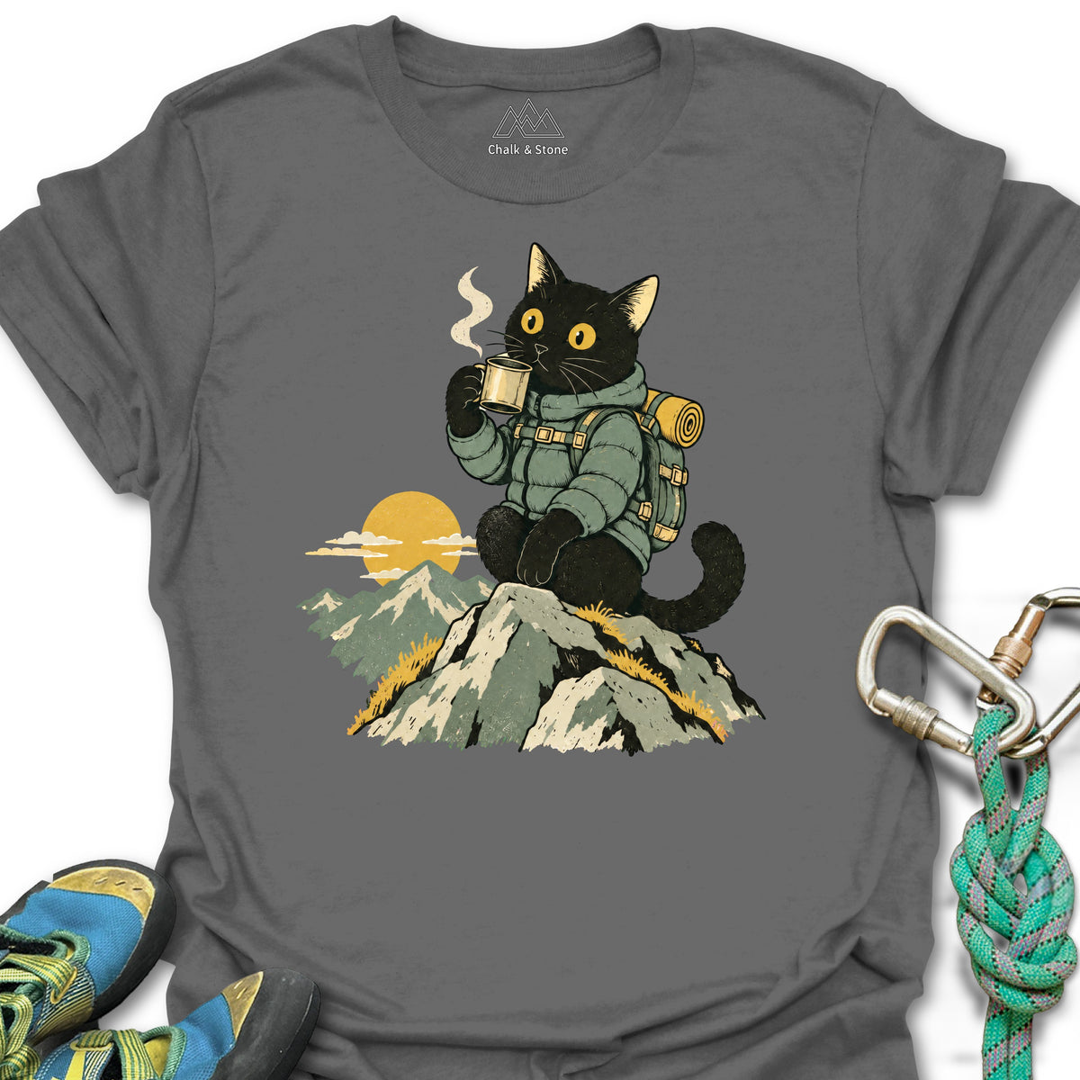 Summit Sunrise Cat Tee in Charcoal — flat lay mockup