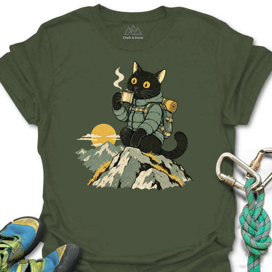 Summit Sunrise Cat Tee in Military Green — flat lay mockup