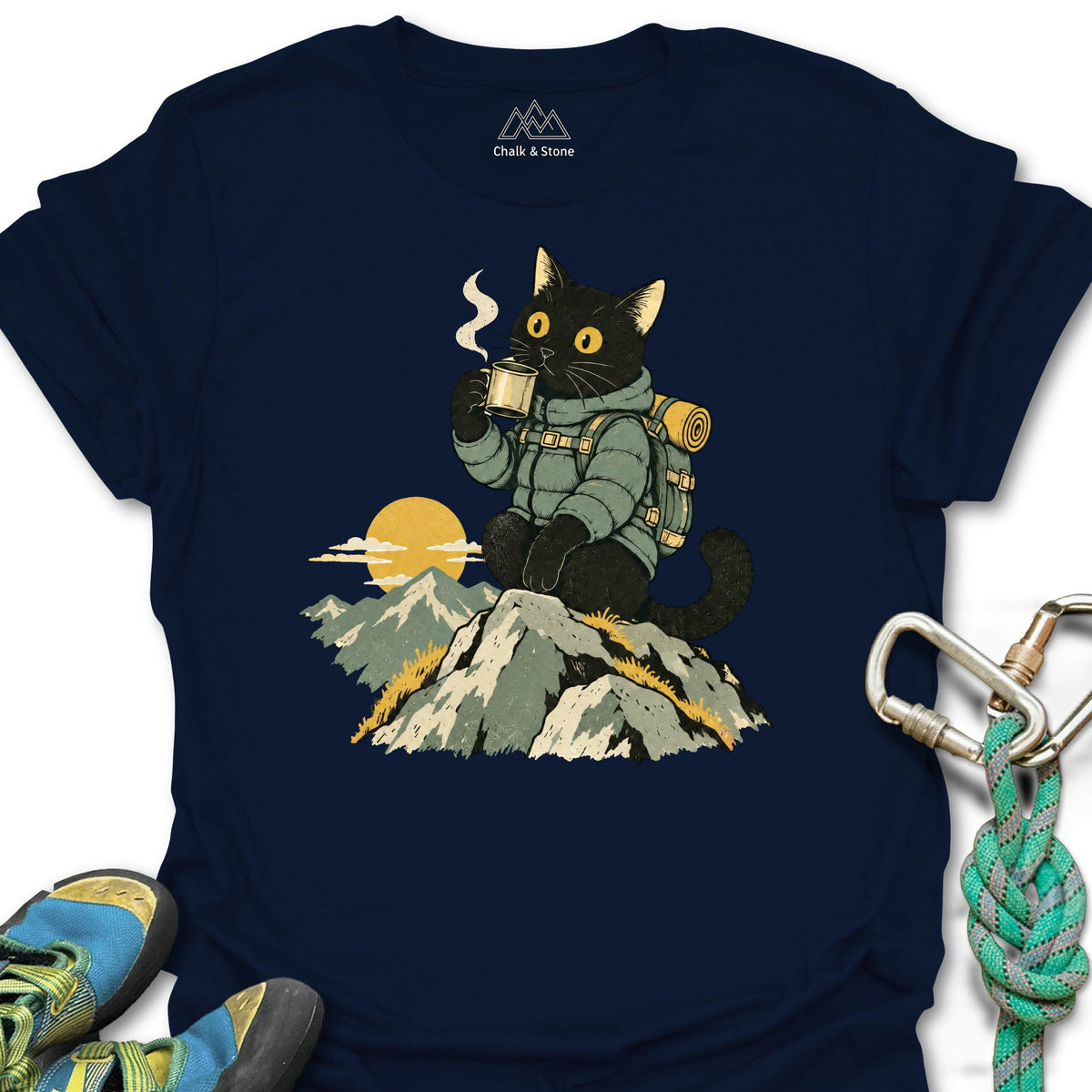 Summit Sunrise Cat Tee in Navy — flat lay mockup