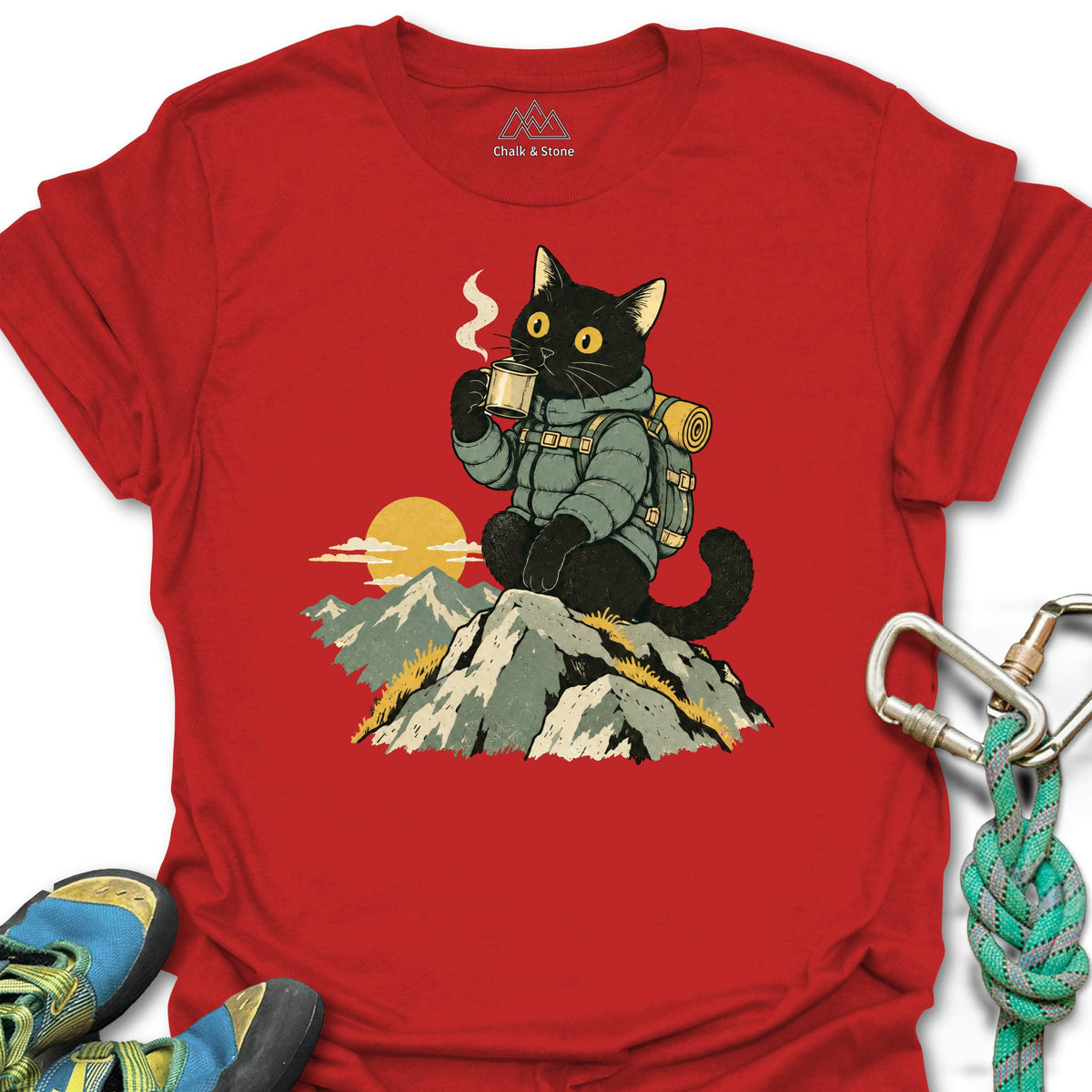 Summit Sunrise Cat Tee in Red — flat lay mockup