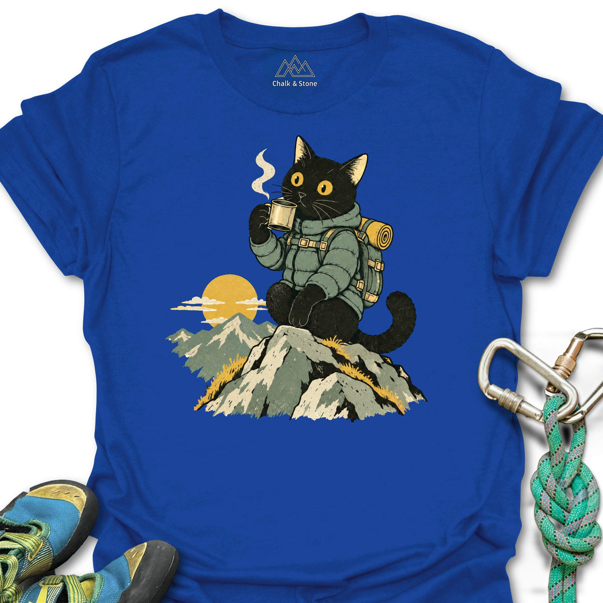 Summit Sunrise Cat Tee in Royal — flat lay mockup