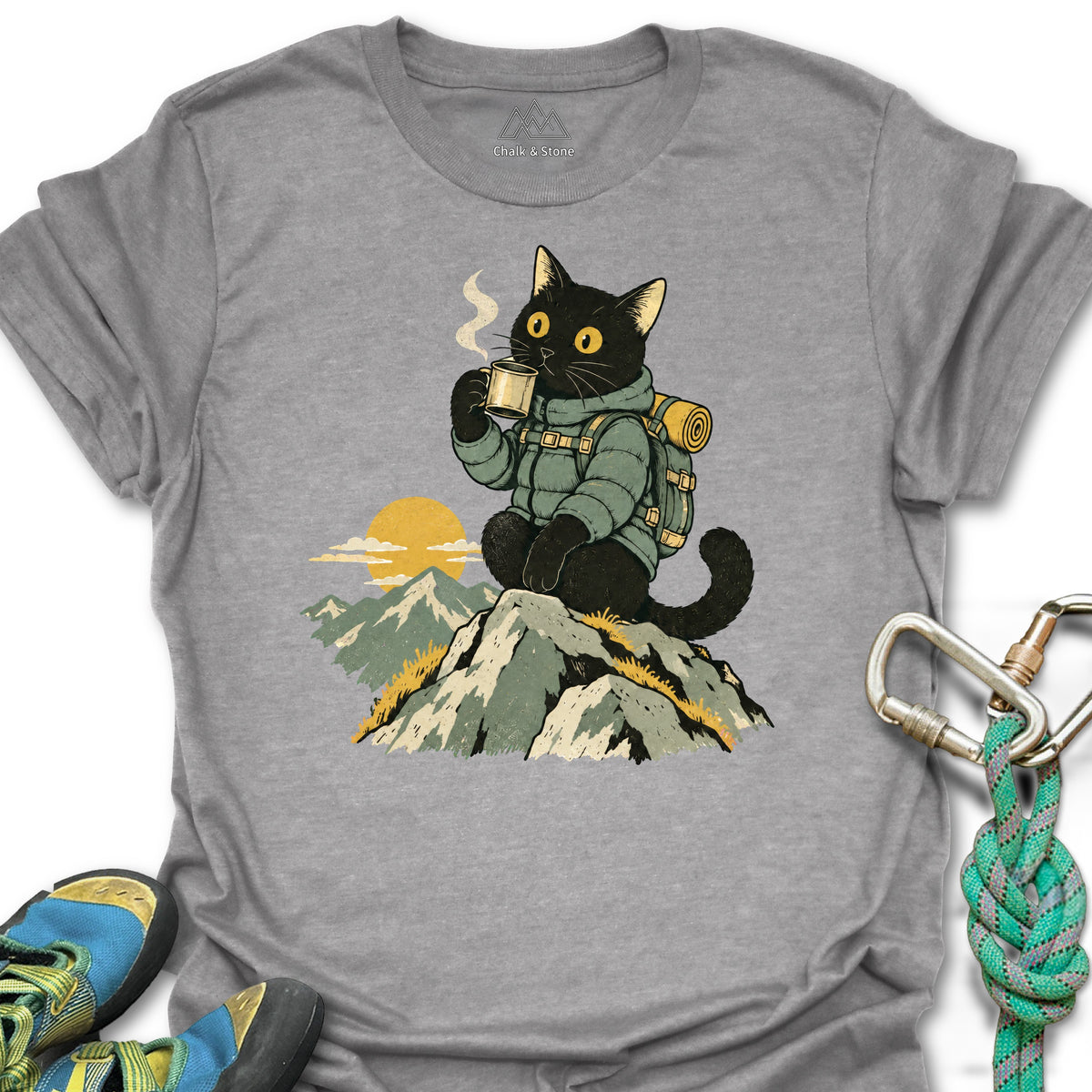 Summit Sunrise Cat Tee in Sport Grey — flat lay mockup