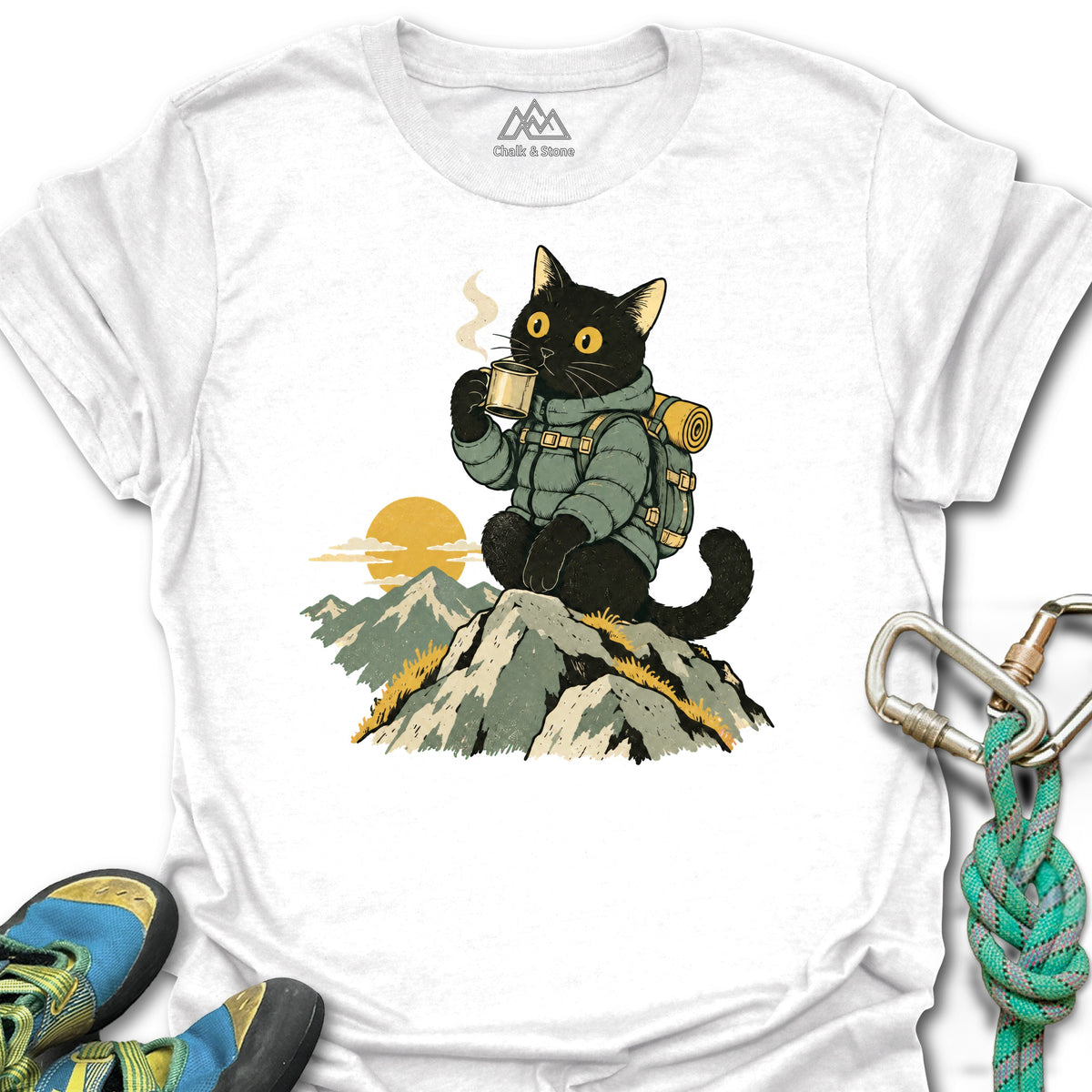Summit Sunrise Cat Tee in White — flat lay mockup