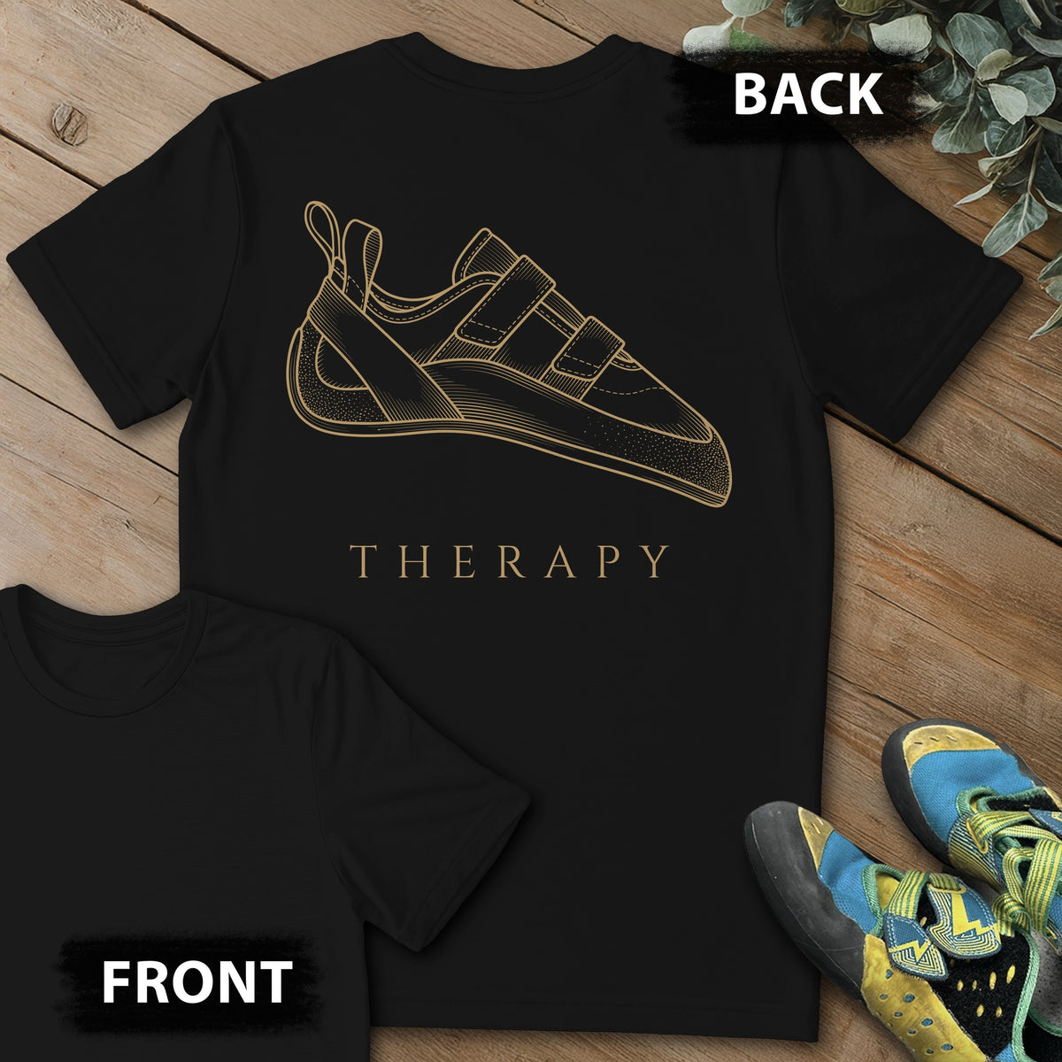 Therapy Climbing Shoe Backprint Tee in Black — flat lay mockup
