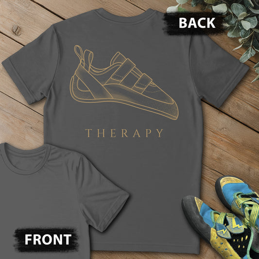 Therapy Climbing Shoe Backprint Tee in Charcoal — flat lay mockup