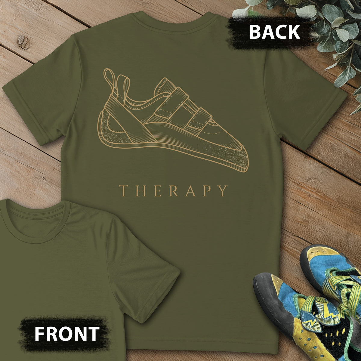 Therapy Climbing Shoe Backprint Tee in Military Green — flat lay mockup
