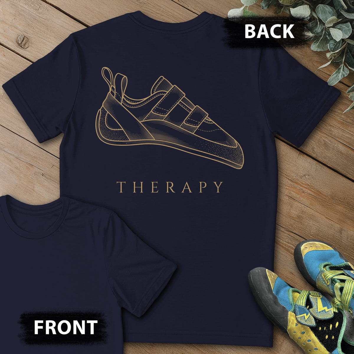 Therapy Climbing Shoe Backprint Tee in Navy — flat lay mockup