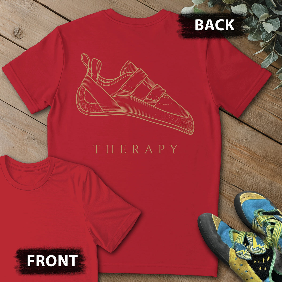 Therapy Climbing Shoe Backprint Tee in Red — flat lay mockup