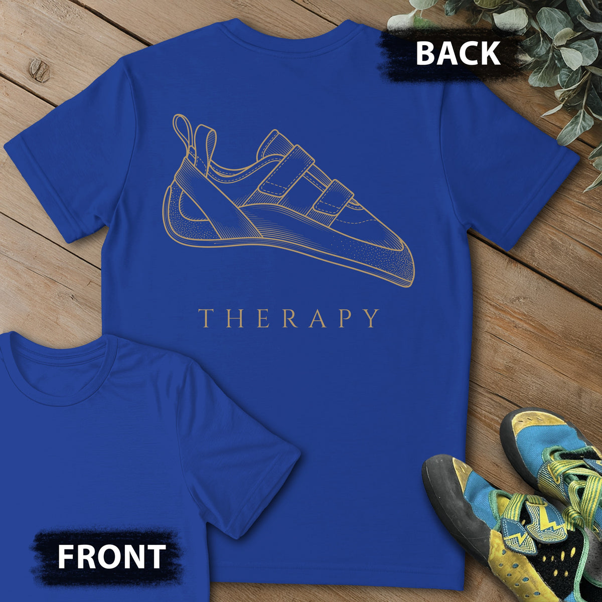 Therapy Climbing Shoe Backprint Tee in Royal — flat lay mockup